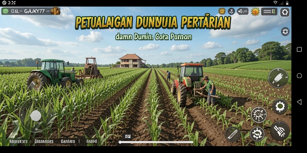 Screenshot GALAXY77 menampilkan peternakan yang sibuk dan berwarna-warni.