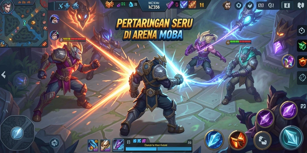 Screenshot gameplay MZ356 yang menunjukkan pertempuran seru di arena.