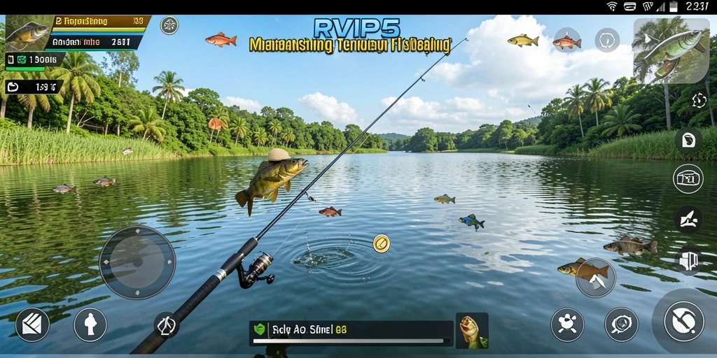 Screenshot menunjukkan aksi memancing seru di RVIP5, lengkap dengan pemandangan indah.